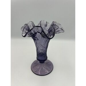 Fenton Purple Amethyst Glass Embossed Daffodils 7in Vase Double Crimp Ruffle Rim